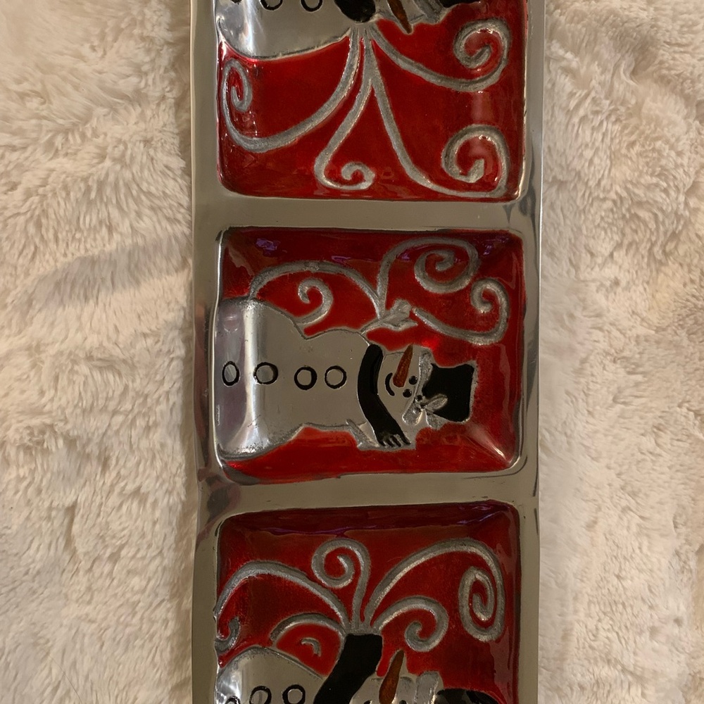Festive Snowman Metal Silver and Red Rectangular Tray